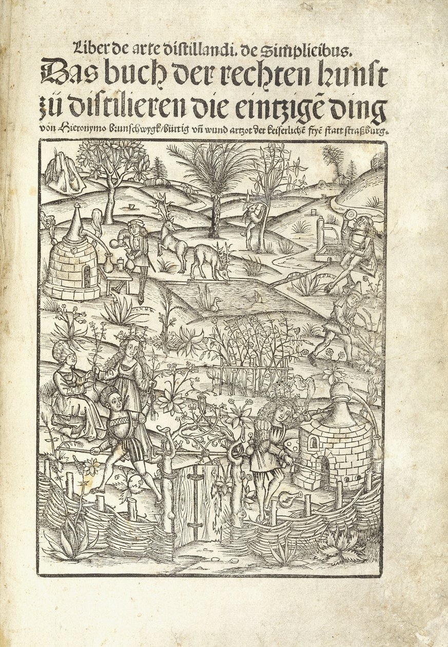 标题页，用景观人物说明了草药蒸馏厂 作者 Hieronymus Brunschwig