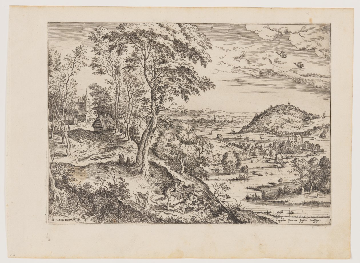 Cephalus 和 Procris，选自《圣经》和神话场景风景画 作者 Hieronymus公鸡