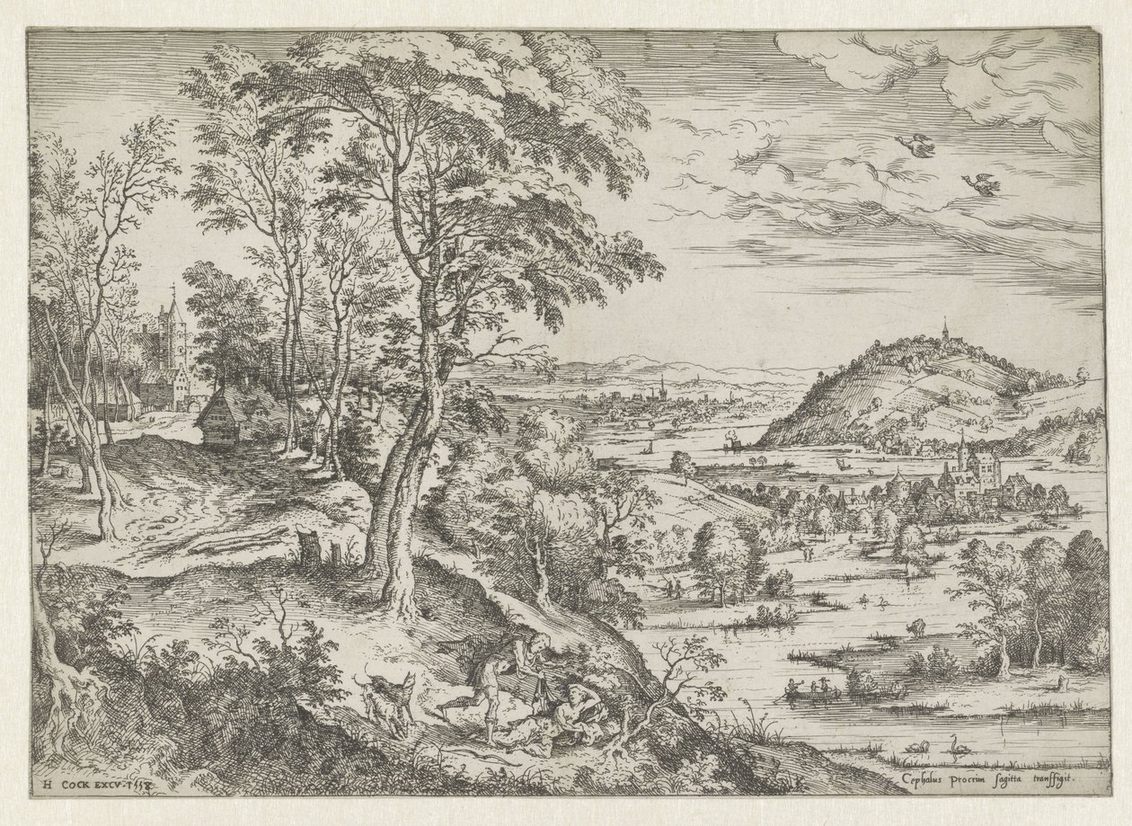 塞法勒斯和普洛克丽丝
带有圣经和神话场景的风景画（系列名称） 作者 Hieronymus公鸡