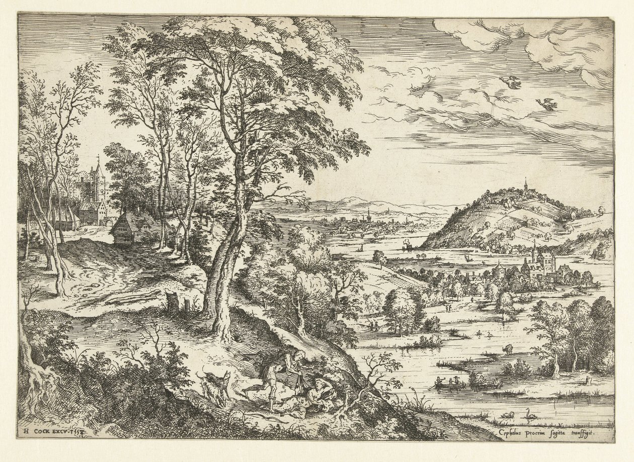 塞法勒斯和普洛克丽丝
带有圣经和神话场景的风景画（系列名称） 作者 Hieronymus公鸡