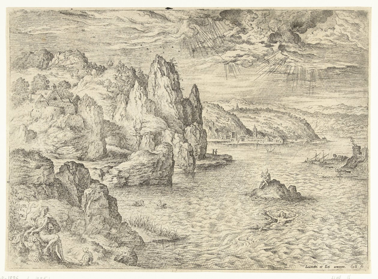 英雄与利安德
带有圣经和神话场景的风景画（系列名称） 作者 Hieronymus公鸡