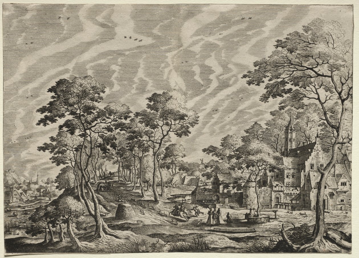 风景与右边的一个城堡，1630年。 作者 Hieronymus公鸡