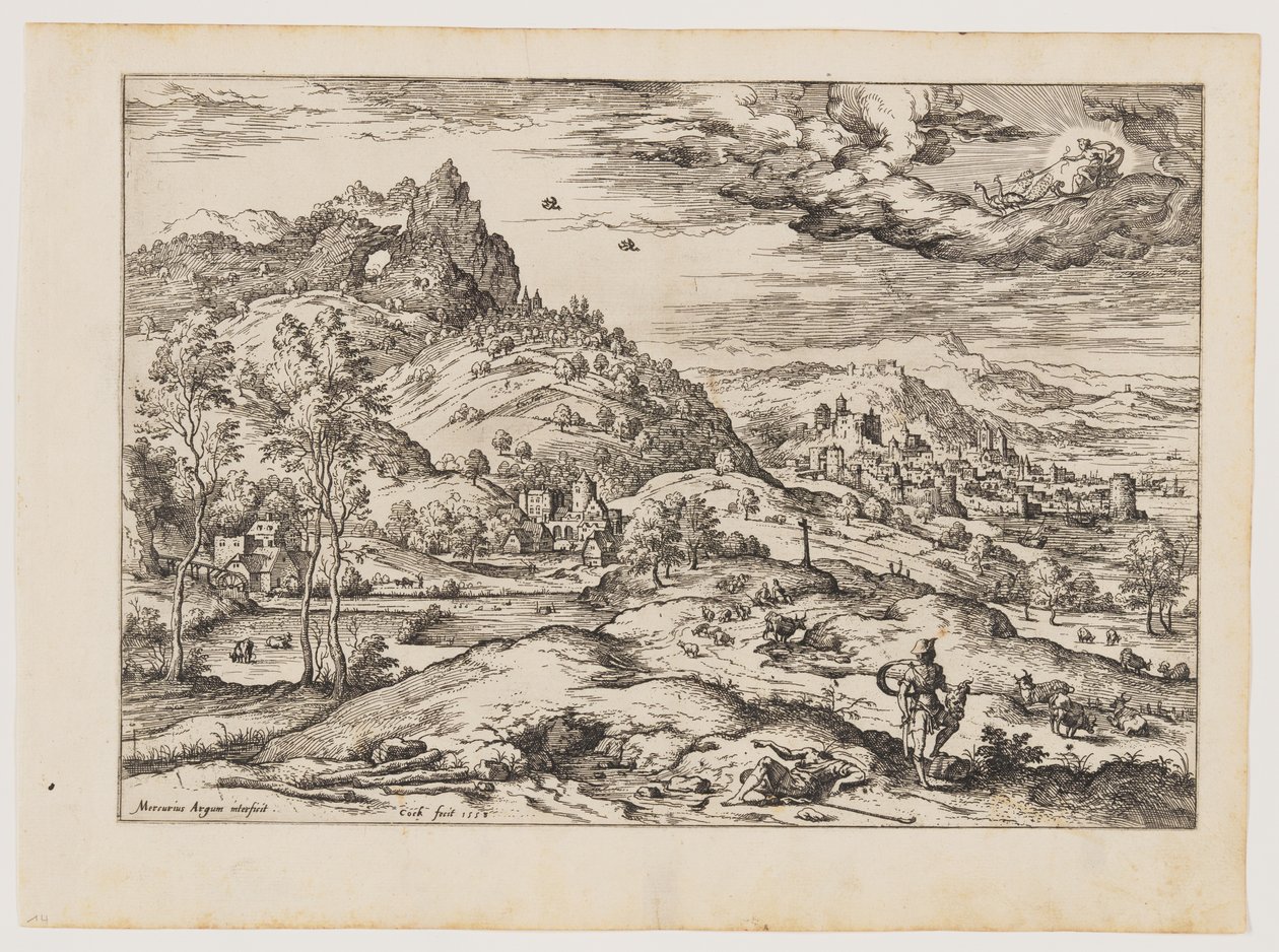手持阿耳戈斯头颅的墨丘利，选自《带圣经和神话场景的风景画 作者 Hieronymus公鸡