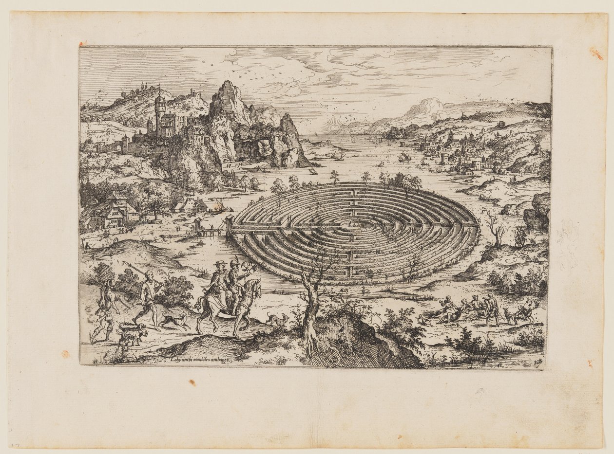 克里特迷宫，选自《圣经》和神话场景风景画 作者 Hieronymus公鸡