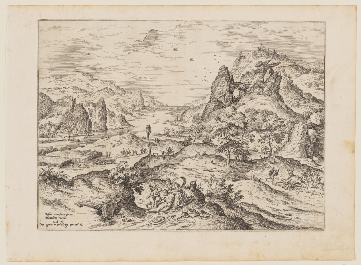 维纳斯与阿多尼斯》，选自《带圣经和神话场景的风景画 作者 Hieronymus公鸡