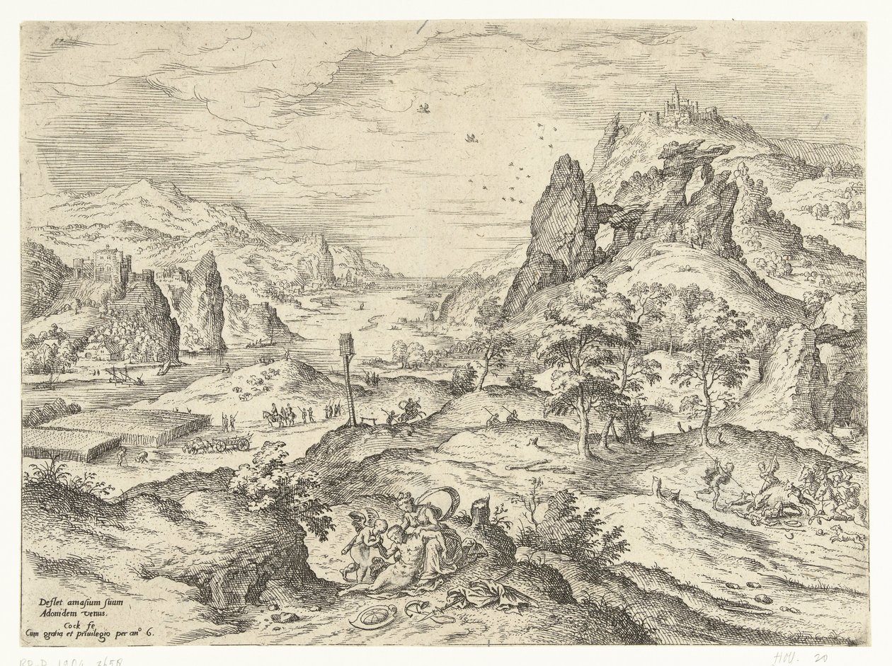 维纳斯哀悼阿多尼斯之死
带有圣经和神话场景的风景画（系列名称） 作者 Hieronymus公鸡