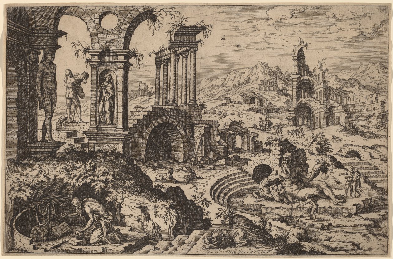 废墟景观中的圣杰罗姆 作者 在 Maerten van Heemskerck 之后的 Hieronymus Cock