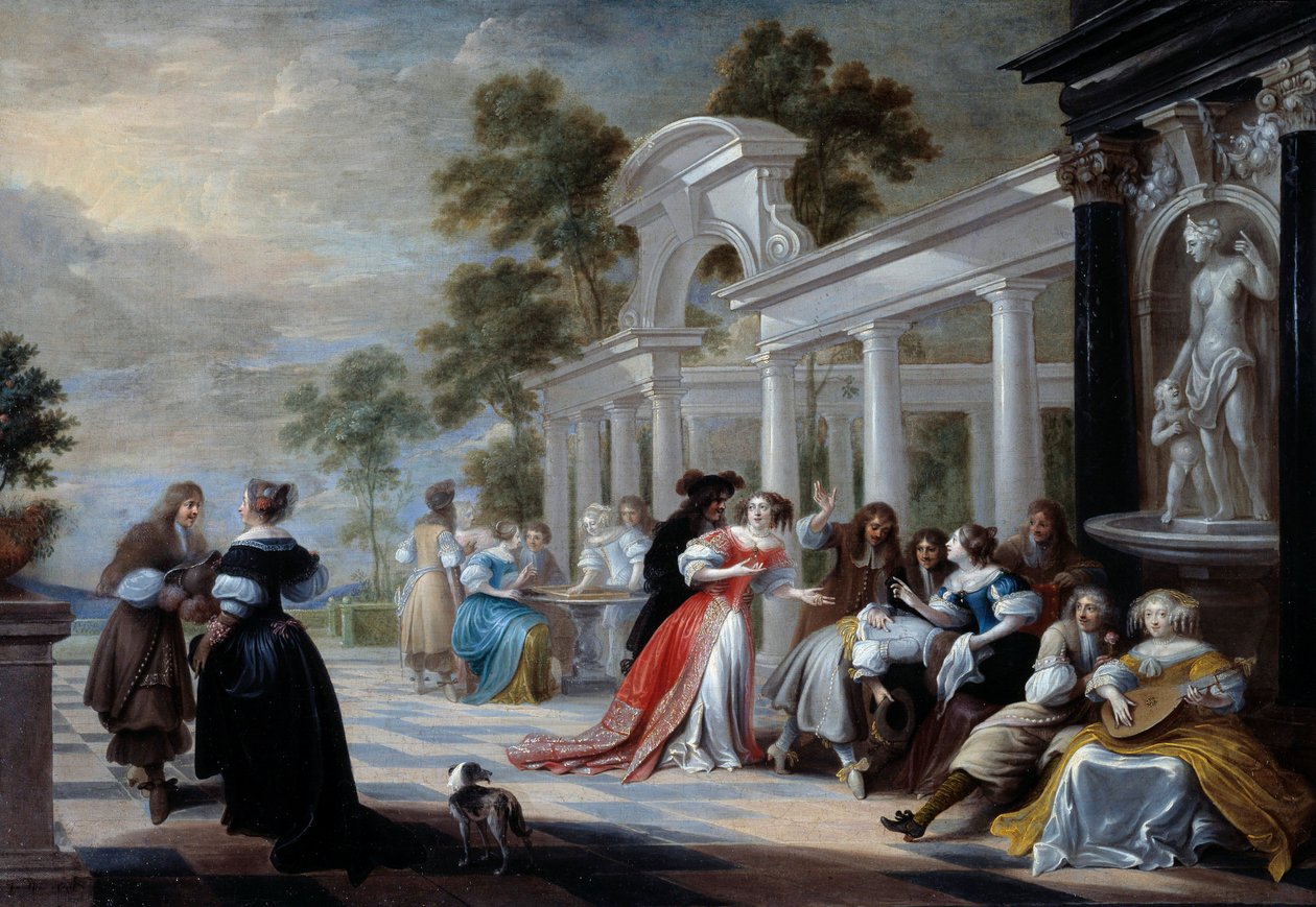在公园里玩的佛兰德贵族的热手游戏。 Hieronymus Janssens dit le Dancer (1624-1693) 17 世纪太阳的绘画。 0,58x0,83 米 作者 耶洛尼斯·詹森斯