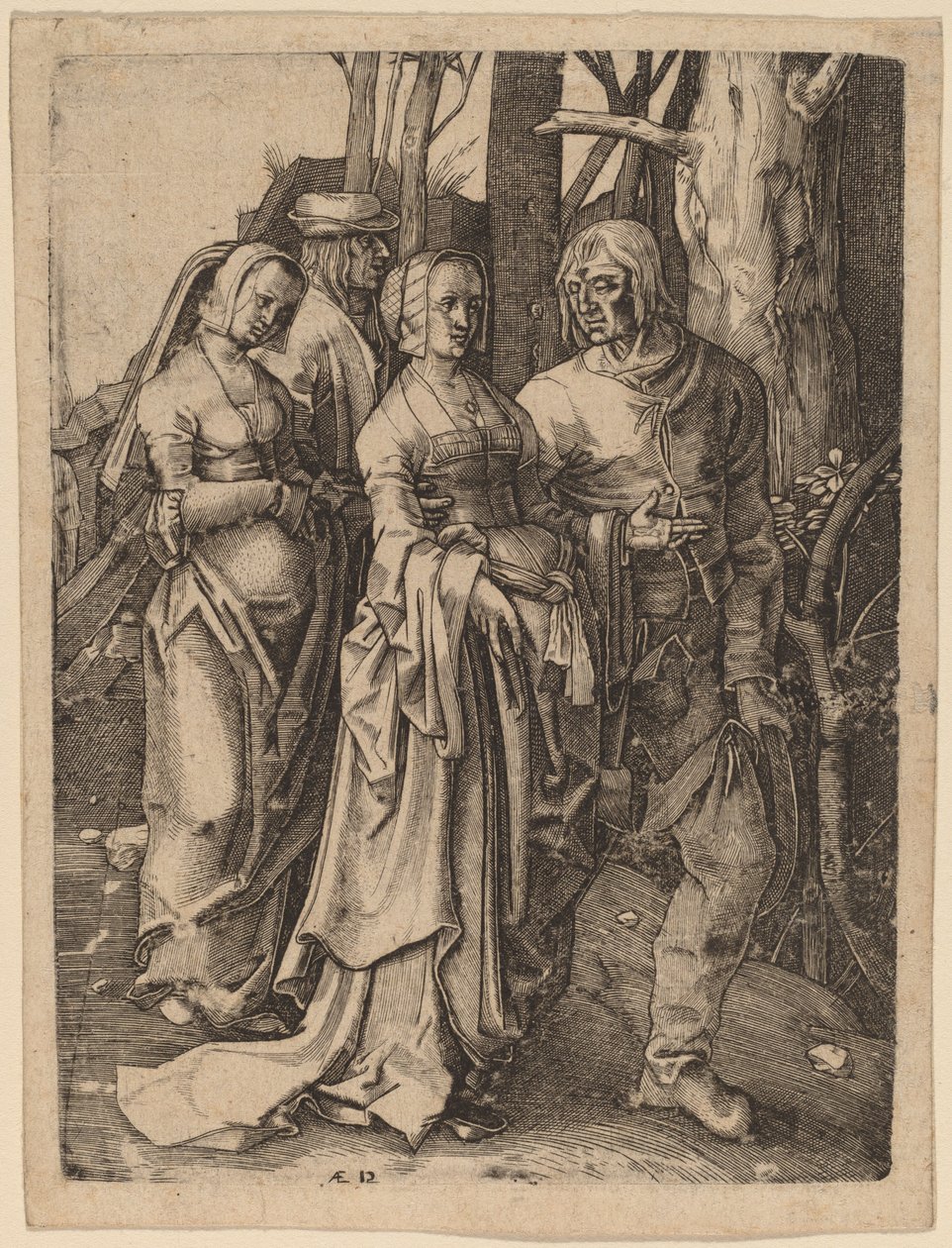 森林中的两对夫妇 作者 卢卡斯·范·莱登 (Lucas van Leyden) 之后的 Hieronymus Wierix