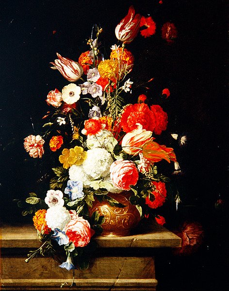青铜装饰瓮中的玫瑰、牡丹、郁金香和绣球花（板油画） 作者 希耶洛母老加勒