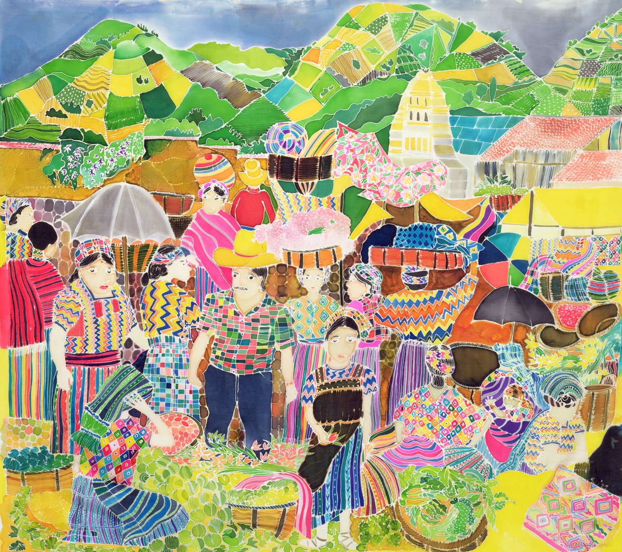 Almolonga市场（丝绸上的彩色墨水） 作者 希拉里·西蒙（Hilary Simon）
