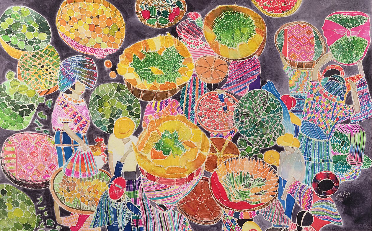 市场上的篮子（丝绸上的彩色墨水） 作者 希拉里·西蒙（Hilary Simon）