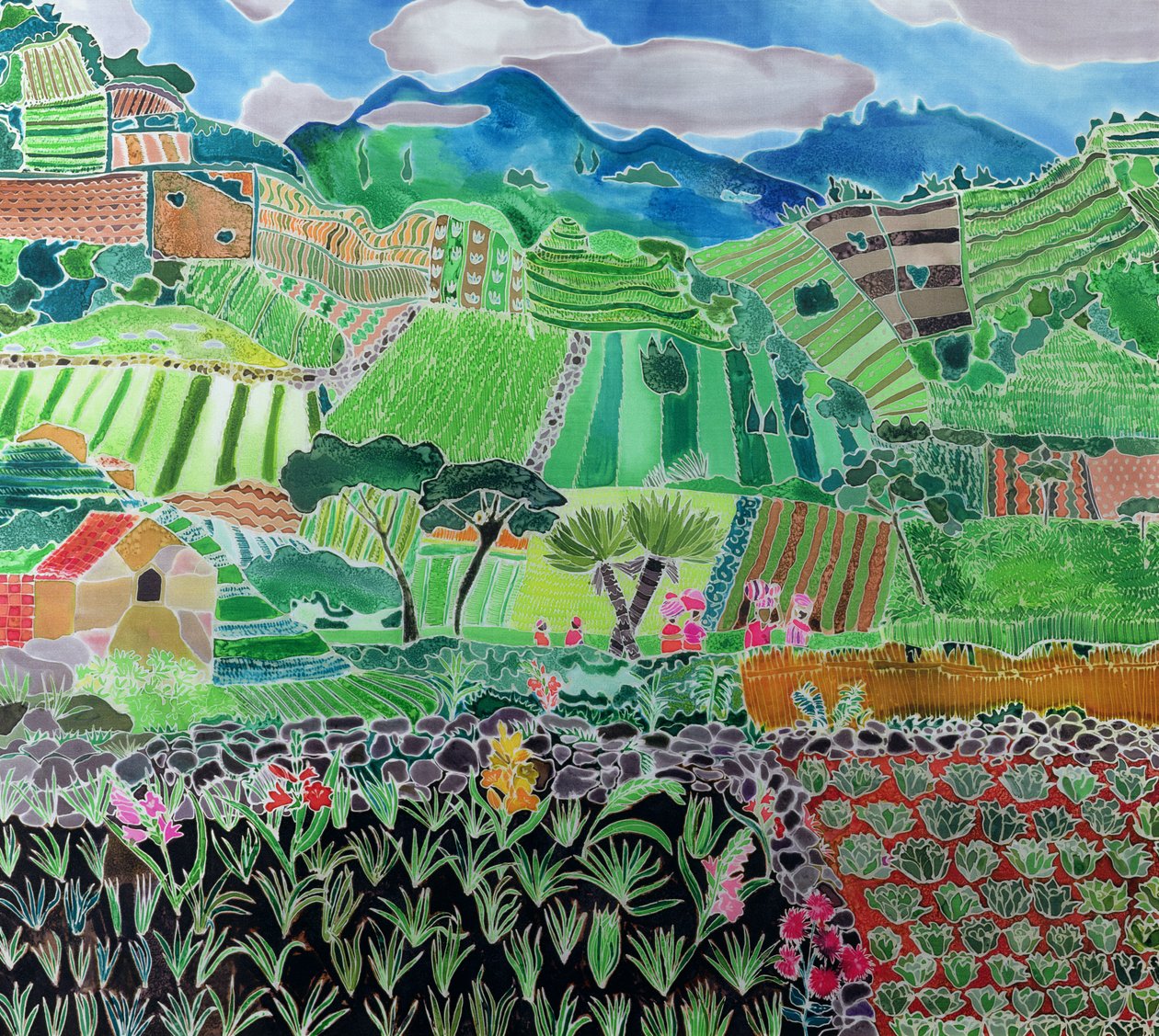 卷心菜和百合，Solola Region，危地马拉，1993（丝绸上的彩色墨水） 作者 希拉里·西蒙（Hilary Simon）