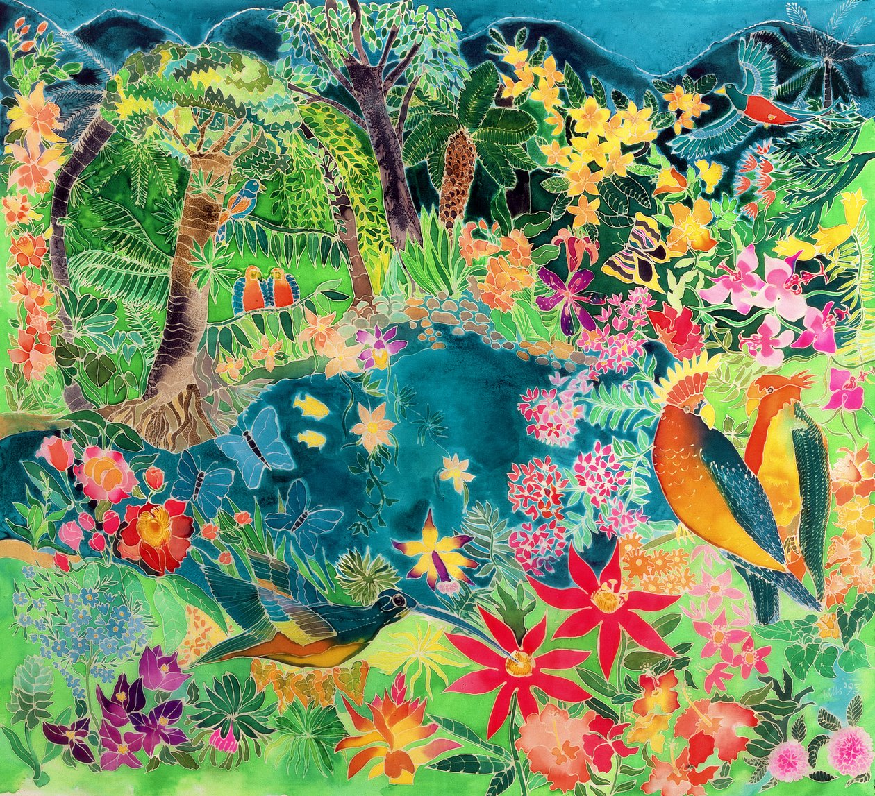 加勒比丛林，1993年（丝绸上的彩色墨水） 作者 希拉里·西蒙（Hilary Simon）