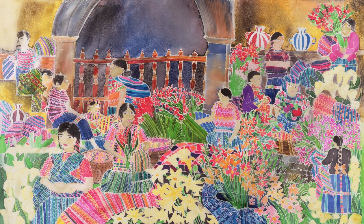 市场日Chichicastango（丝绸上的彩色墨水） 作者 希拉里·西蒙（Hilary Simon）