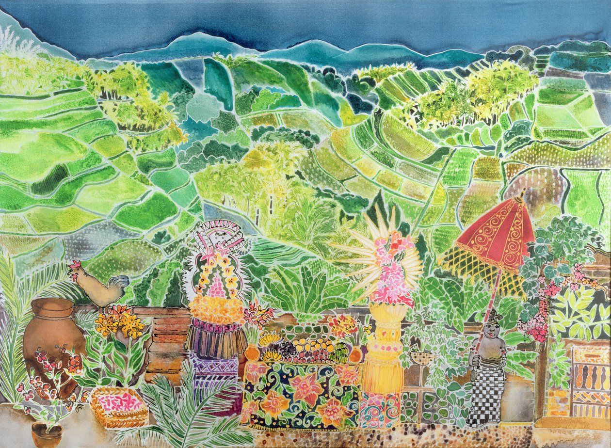 Kedewatan，巴厘岛，1997年（丝绸上的彩色墨水） 作者 希拉里·西蒙（Hilary Simon）