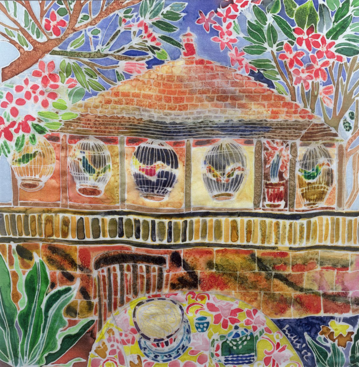 Lotus Cafe，Ubud，Bali，2002（丝绸上的彩色墨水） 作者 希拉里·西蒙（Hilary Simon）