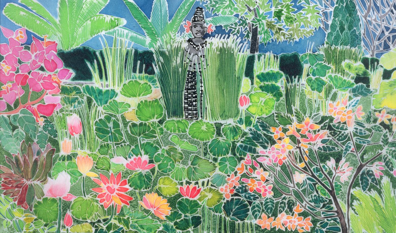 Lotus Pond，Ubud，Bali，1997（丝绸上的彩色墨水） 作者 希拉里·西蒙（Hilary Simon）