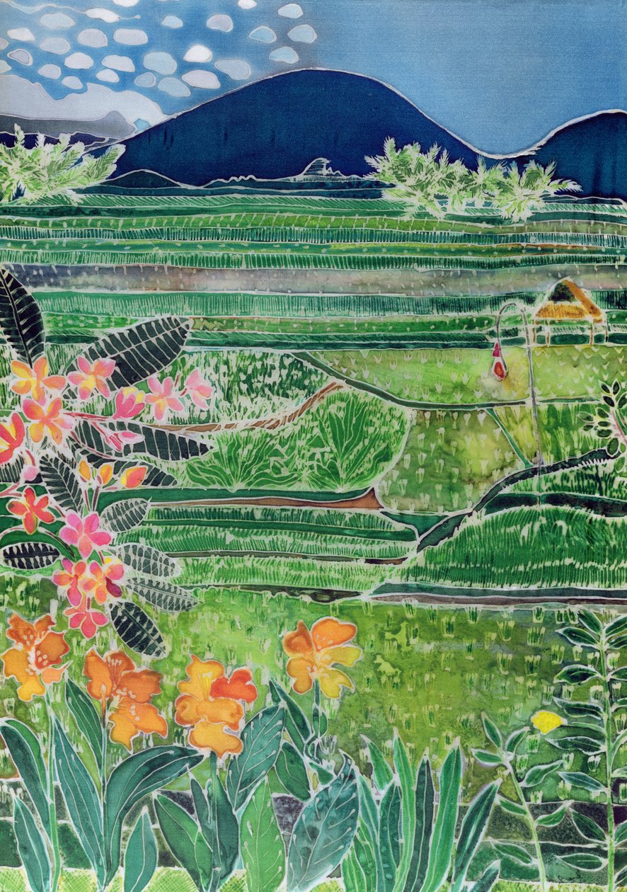 Lovina Ricefields与百合和赤素馨花，巴厘岛，1996年（丝绸上的彩色墨水） 作者 希拉里·西蒙（Hilary Simon）