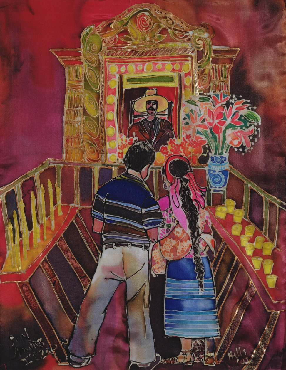 玛雅夫妇与Maximon，2006年（丝绸染料） 作者 希拉里·西蒙（Hilary Simon）