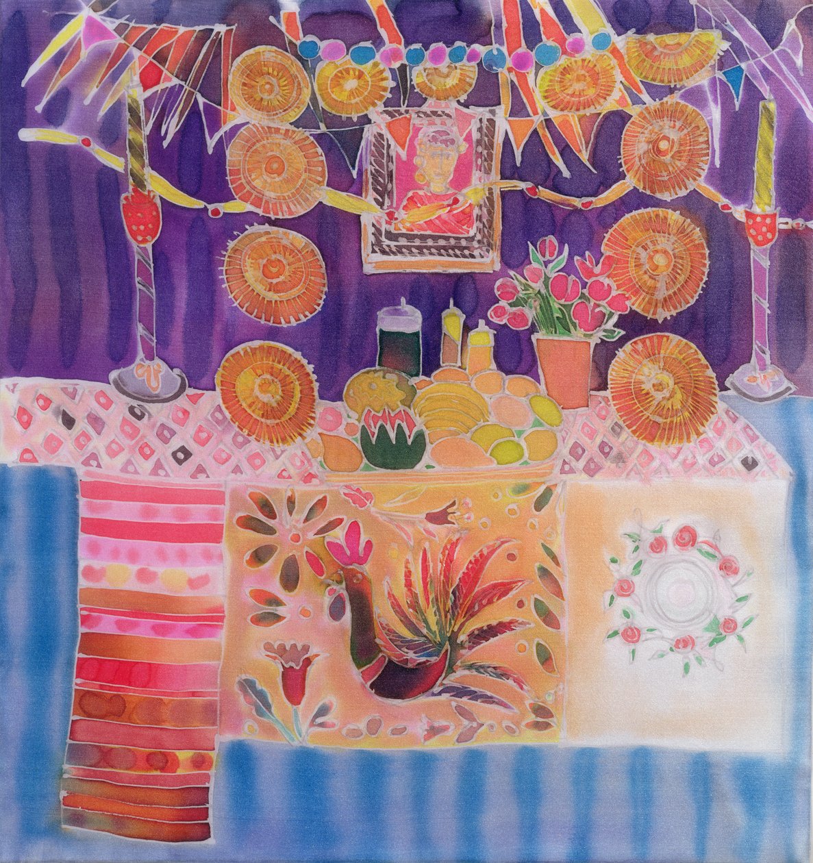 墨西哥神殿与Frida Kahlo，2006年（丝绸染料） 作者 希拉里·西蒙（Hilary Simon）
