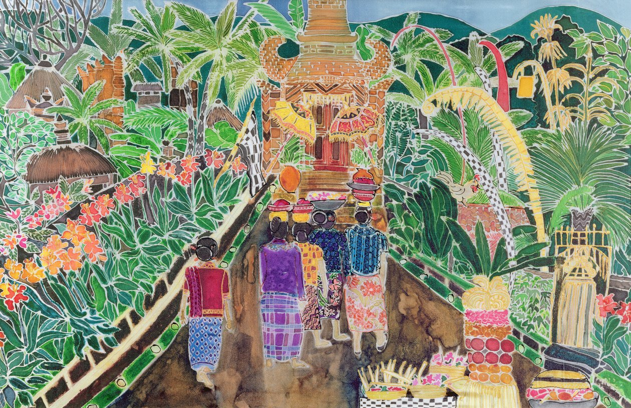 游行，Peliatan，巴厘岛，1996年（丝绸上的彩色墨水） 作者 希拉里·西蒙（Hilary Simon）