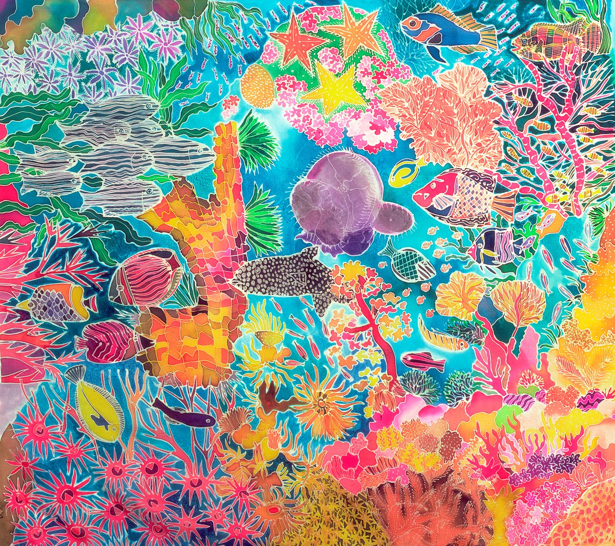 热带珊瑚，1993年（丝绸上的彩色墨水） 作者 希拉里·西蒙（Hilary Simon）