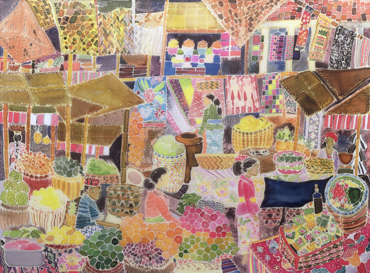 巴厘岛乌布市场，2002年（丝绸上的彩色墨水） 作者 希拉里·西蒙（Hilary Simon）