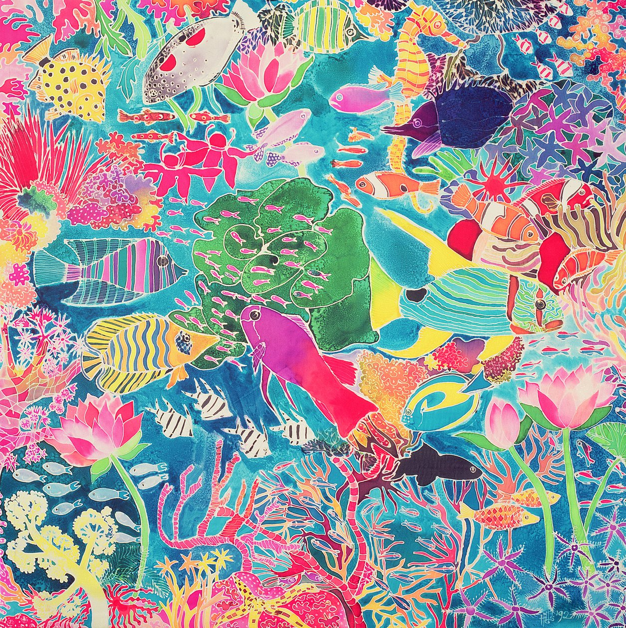 水下彩虹，1993年（丝绸上的彩色墨水） 作者 希拉里·西蒙（Hilary Simon）