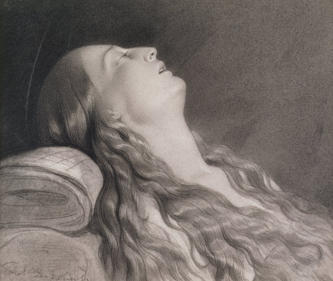 Louise Vernet在她的死亡床上（石墨在纸上） 作者 希波吕特·德拉罗什（Hippolyte Delaroche）