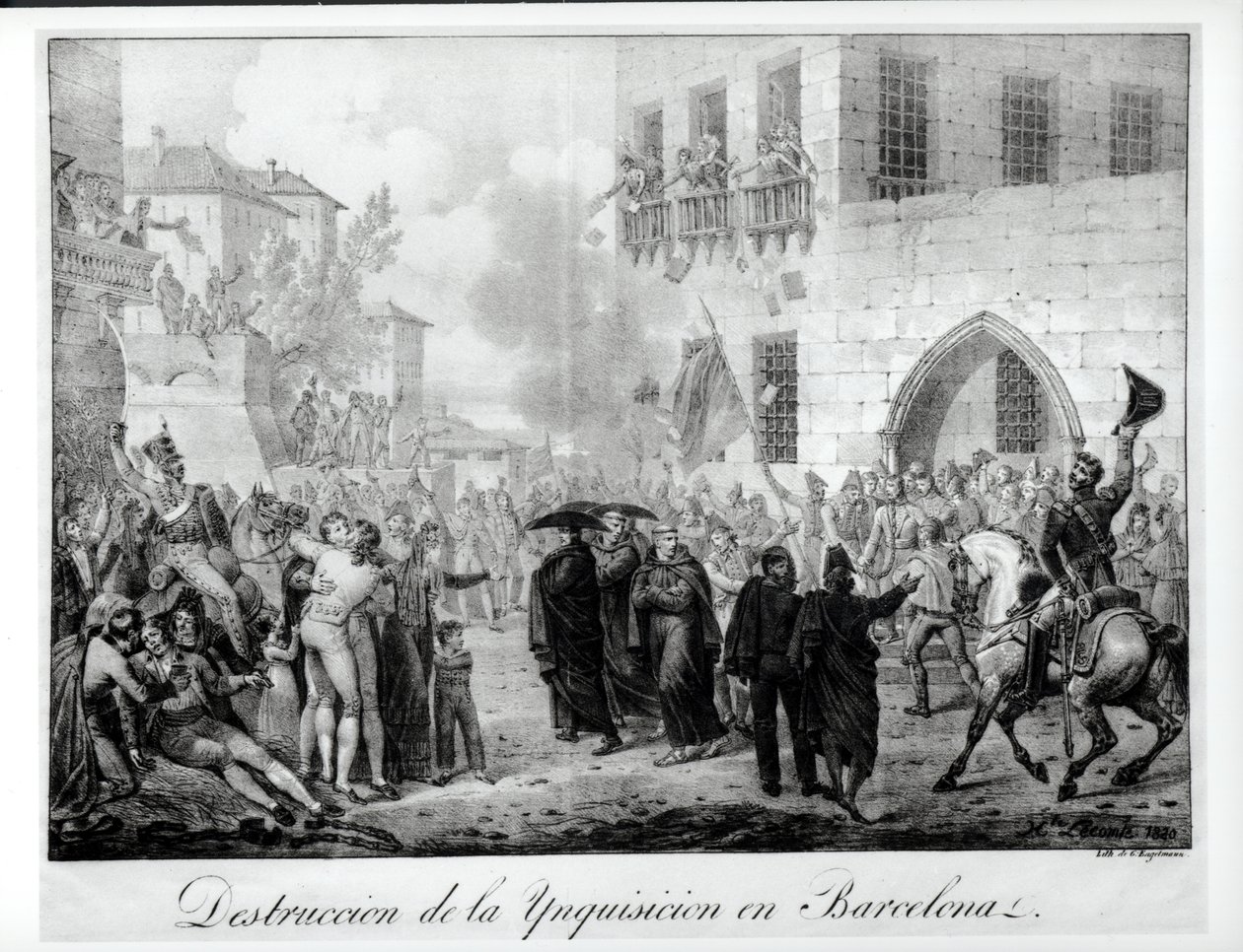 1820年3月10日在巴塞罗那破坏宗教裁判所，由Godefroy Engelmann（1788-1839）镌刻 作者 Hippolyte Lecomte