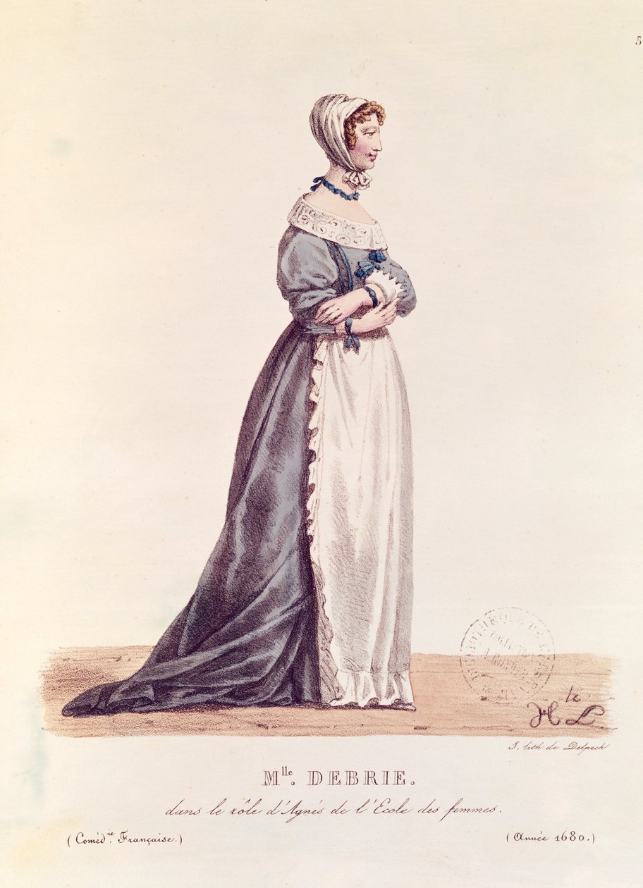 1680年，Debrie夫人在&39;L&39;Ecole des Femmes&39;中扮演艾格尼丝，来自L. Lecomte的&39;Costumes de Theater de 1600 a 1820&39;，由Francois Seraphin Delpech（1778-1825）镌刻 作者 Hippolyte Lecomte