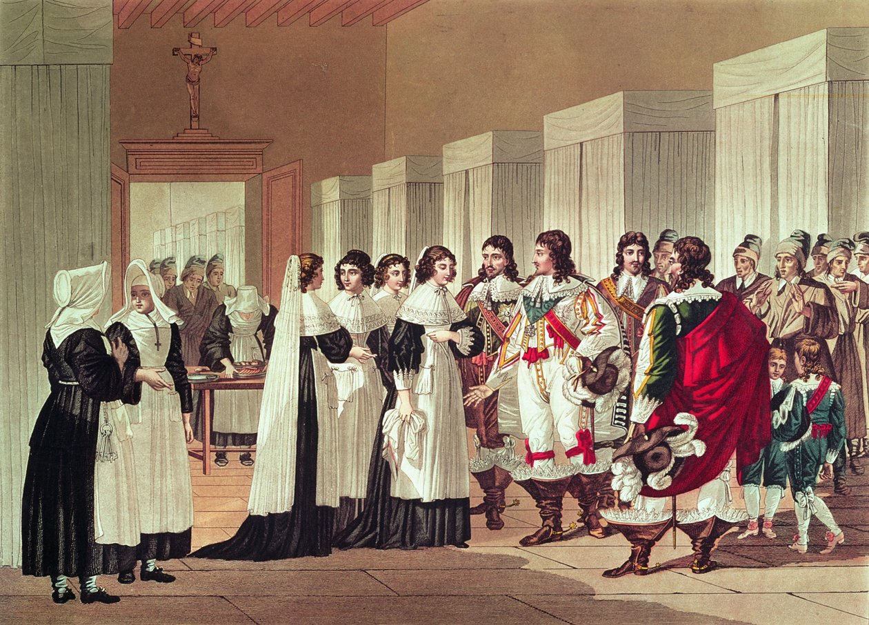 路易十三（1601-43）和Marie-Louise Motier de la Fayette（1615-65）在巴黎l&39;Hotel-Dieu会面（彩色雕刻） 作者 Hippolyte Lecomte