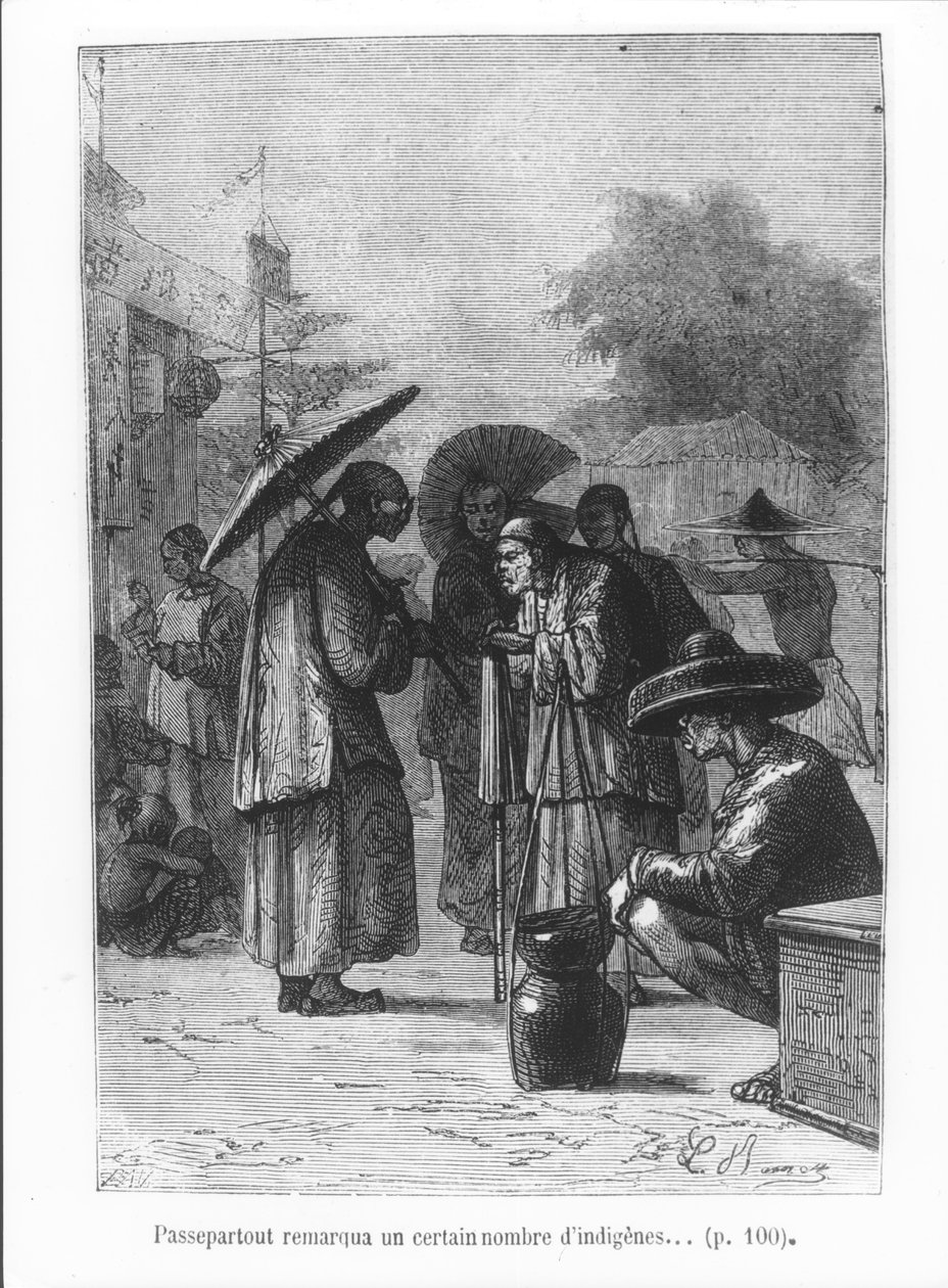 路路通注意到一些当地人，来自Jules Verne（1828-1905）的“八十天环游世界”中的插图，由潘，1873年刻 作者 希波吕特·莱昂·贝内特