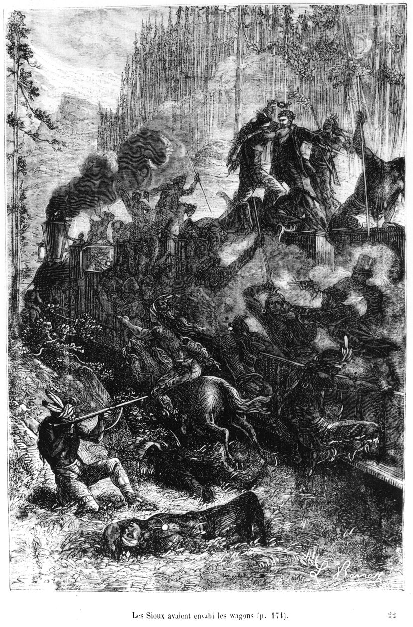 Sioux攻击火车，19世纪末Jules Verne（1828-1905）的“八十天环游世界”中的插图 作者 希波吕特·莱昂·贝内特