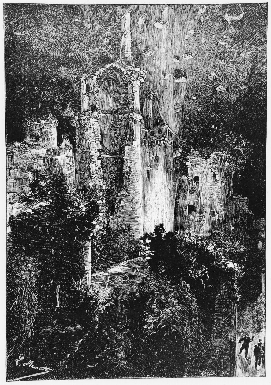 城堡爆炸，来自&39;Le Chateau des Carpathes&39;的插图由儒勒·凡尔纳（1828-1905）巴黎，Hetzel，1892年 作者 希波吕特·莱昂·贝内特