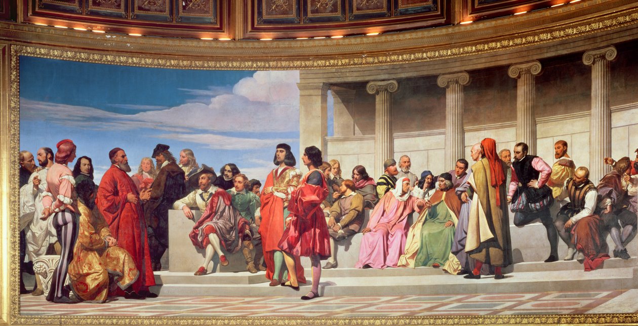 Hemicycle：所有年代的艺术家，左手边的细节，1836-41壁画也参见83554和83555 作者 希波吕特·德拉罗什（Hippolyte Delaroche）