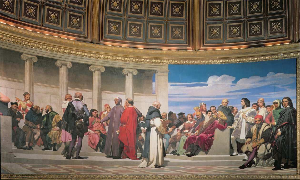 Hemicycle：所有年代的艺术家，右手边的细节，1836-41壁画也参见83553和83554 作者 希波吕特·德拉罗什（Hippolyte Delaroche）