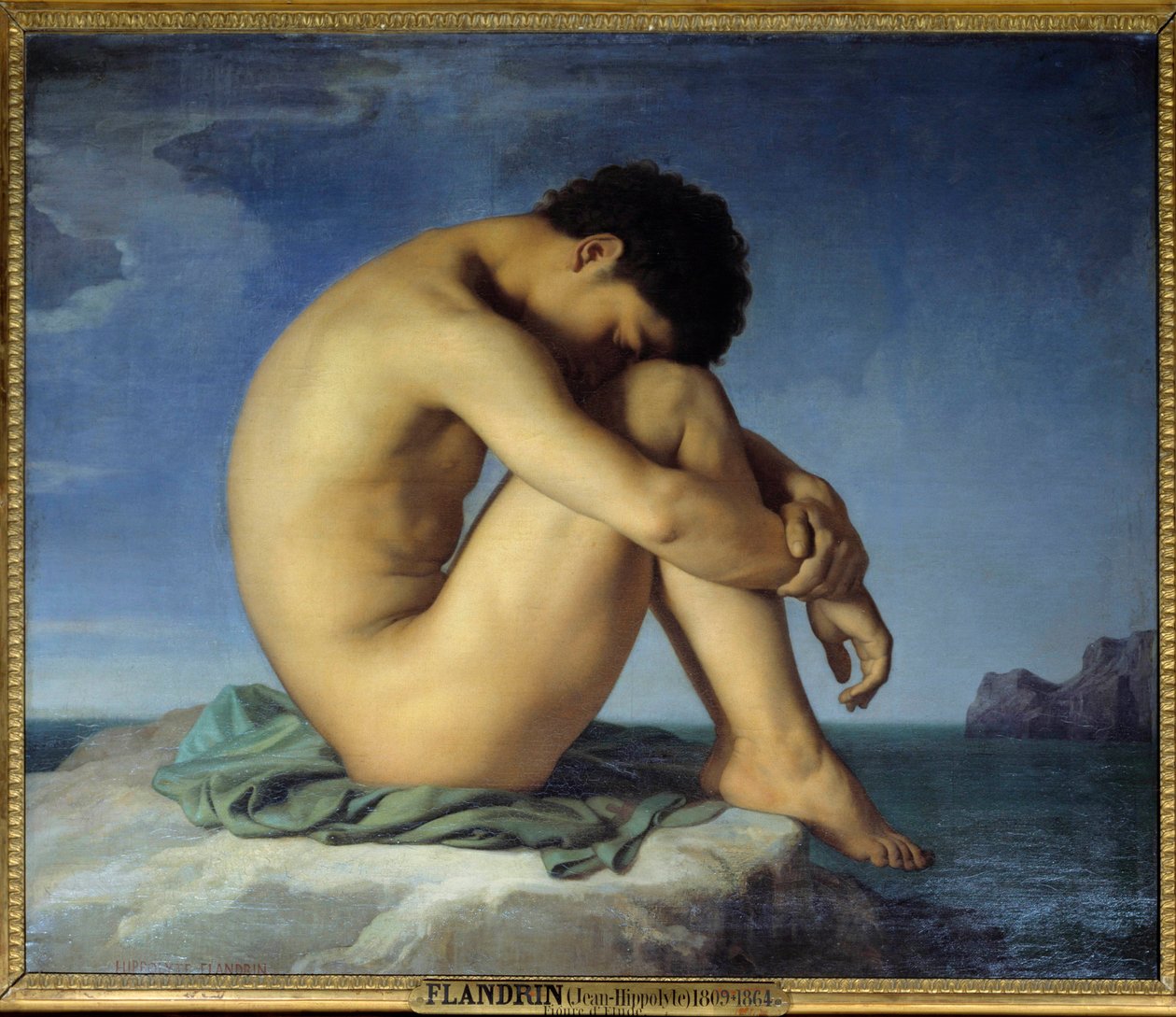 年轻的裸男坐在海思考者的后退位置（内省）。 Hippolyte Flandrin (1809-1864) 1836 年作画。布面油画。 太阳。 0,98x1,24 m - 坐在海边的年轻裸体男子。 处于胎儿、睡眠状态的思想家 作者 伊波利特·弗兰德林