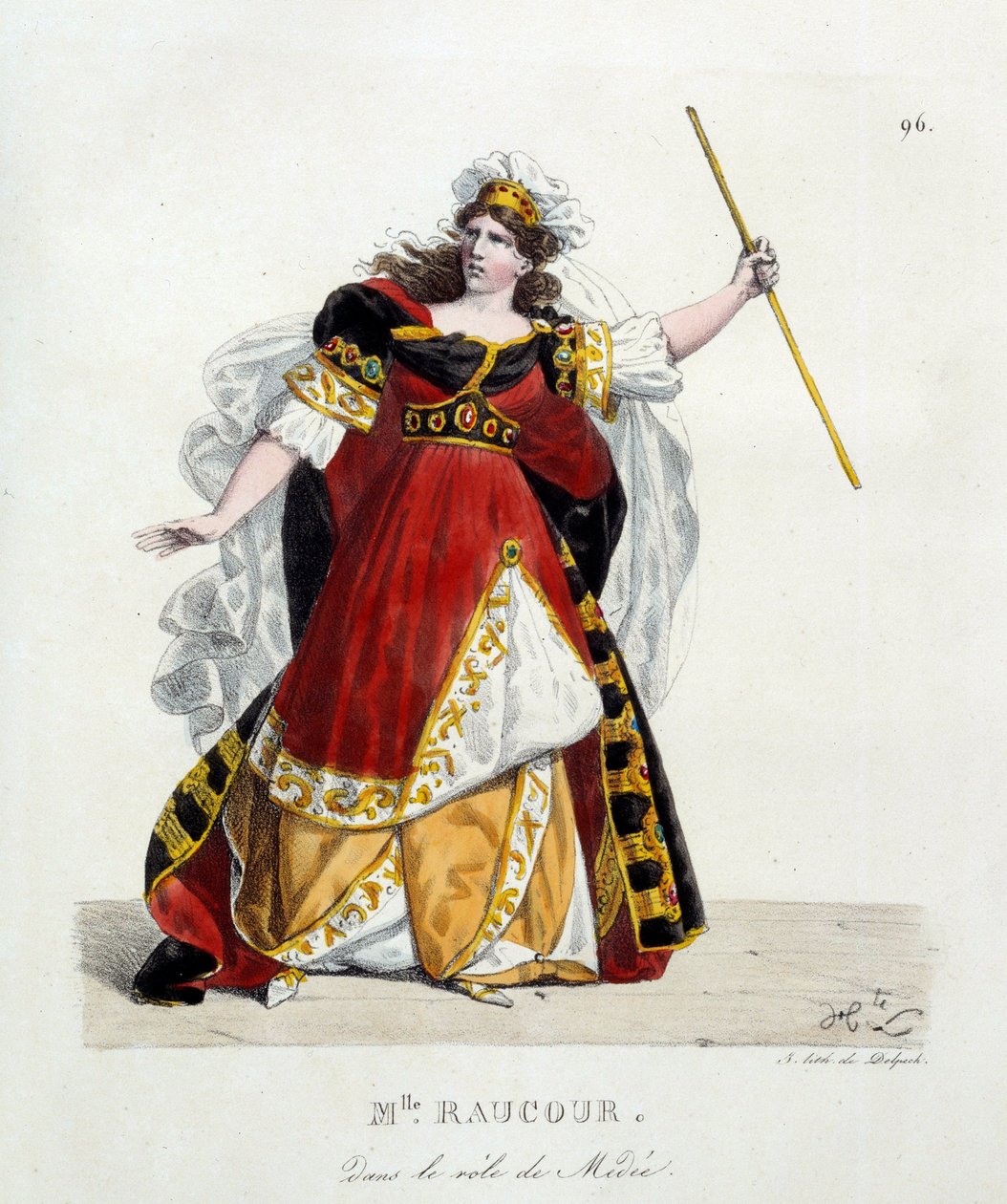 法国女演员拉古小姐（Mademoiselle Raucourt，卒于 1815 年）在《法兰西喜剧》中饰演梅迪； Hippolyte Lecomte (1781-1857) 的平版印刷术 作者 Hippolyte Lecomte