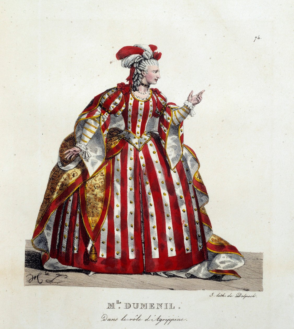 法国女演员玛丽·弗朗索瓦丝·马尔尚在法国喜剧中让·拉辛（1639-1699 年）在让·拉辛（Jean Racine）（1639-1699 年）的作品“不列颠库斯”中扮演阿格里平的角色，称杜梅尼小姐（1713-1803 年）。 Hippolyte lecomte (1781-1857) 的石版画。 私人收藏 作者 Hippolyte Lecomte