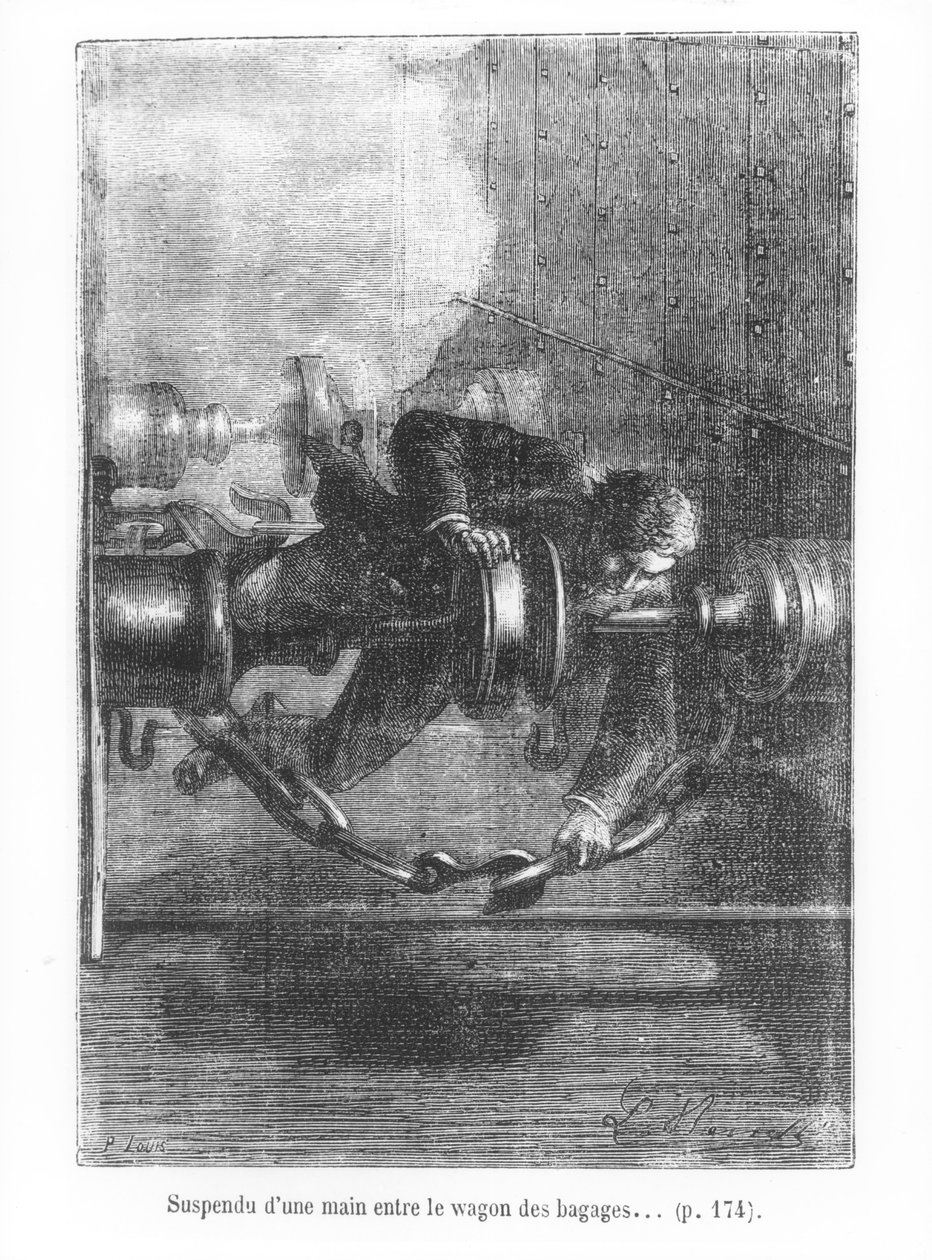 行李车之间的一只手挂着，由朱尔斯凡尔纳（1828-1905）的“八十天环游世界”插图，由P. Louis，1873年刻 作者 希波吕特·莱昂·贝内特