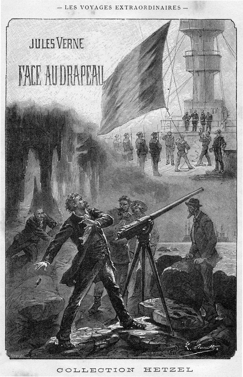 儒勒-凡尔纳所写的 "Face au drapeau "一书的插图，Hetzel版--Les voyages extraordinaire 1896（雕刻）的封面。 作者 希波吕特·莱昂·贝内特