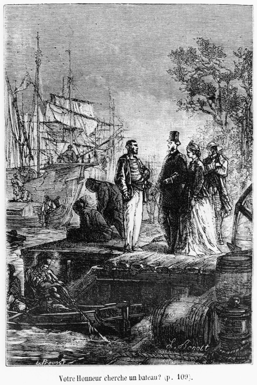 您的荣誉寻找一艘船，19世纪末Jules Verne（1828-1905）的“八十天环游世界”中的插图 作者 希波吕特·莱昂·贝内特