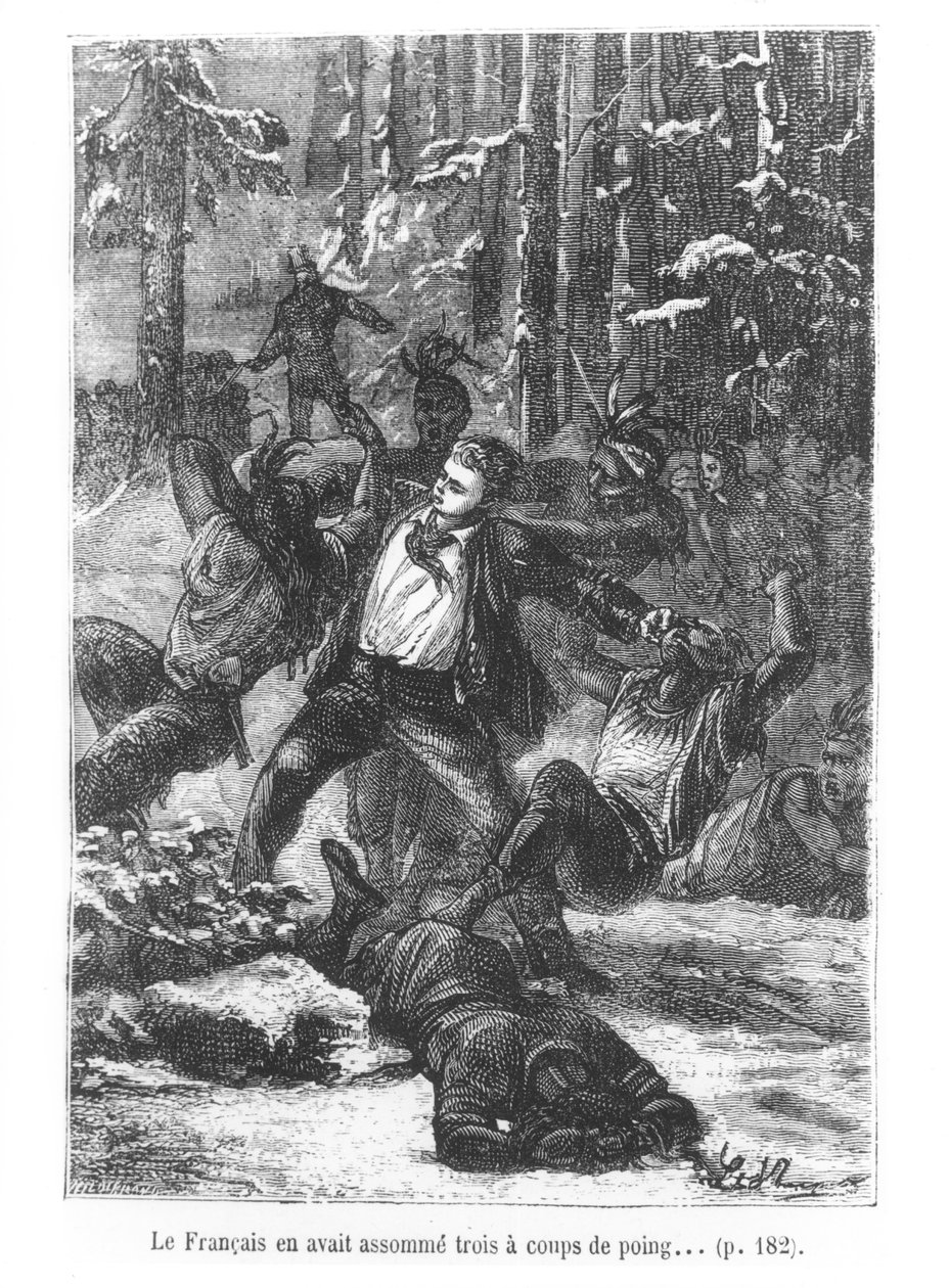 这位法国人能够用拳打来平坦他们中的三个，由朱尔·凡尔纳（1828-1905）来自世界各地的插图，由Henri Theophile Hildibrand（1824-97）1873年刻（雕刻） 作者 希波吕特·莱昂·贝内特