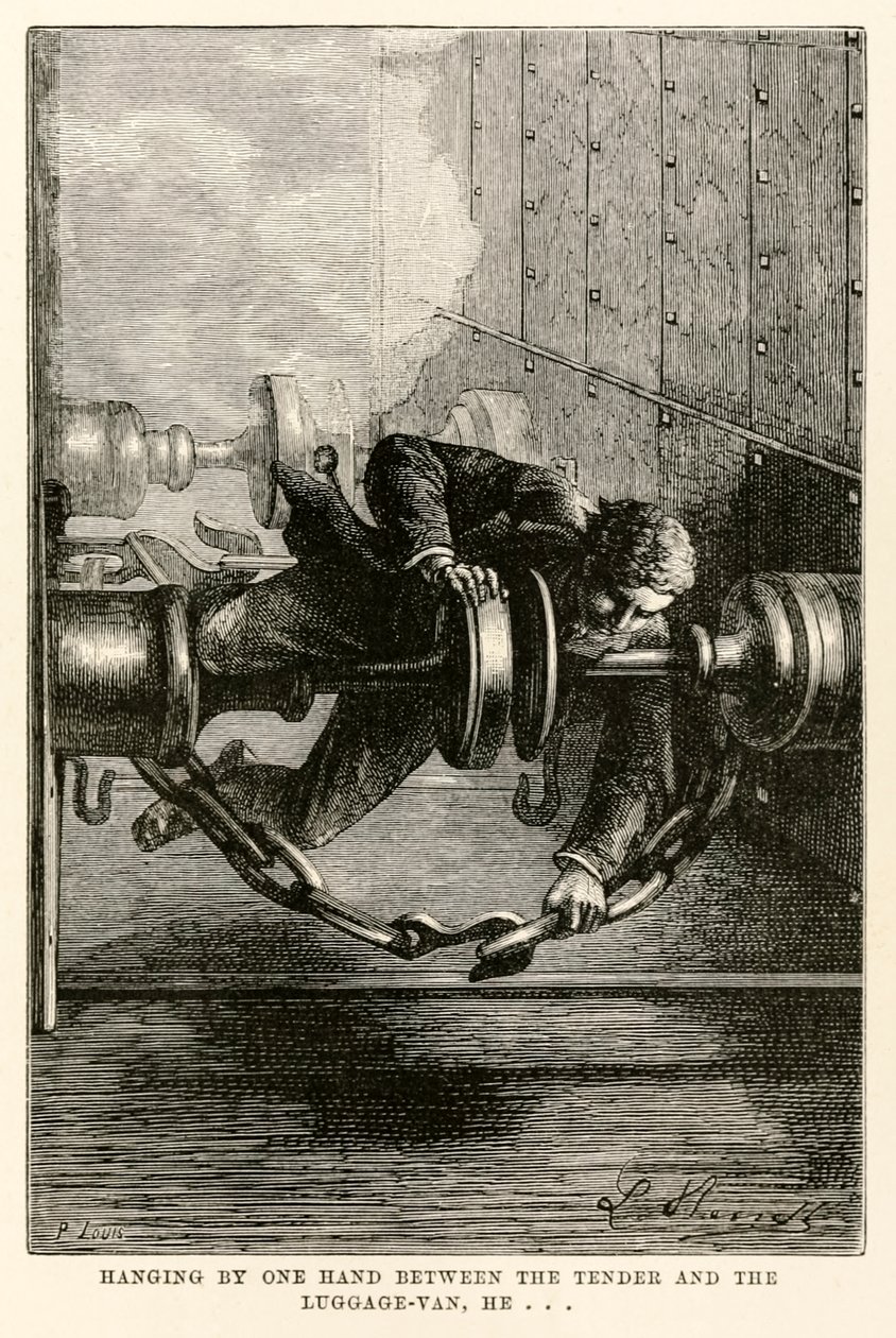 一只手挂在招标和行李车之间，他......来自Jules Verne（1828-1905）的八十天环游世界，由路易斯刻，1873年 作者 贝尼特之后的希波吕特·莱昂