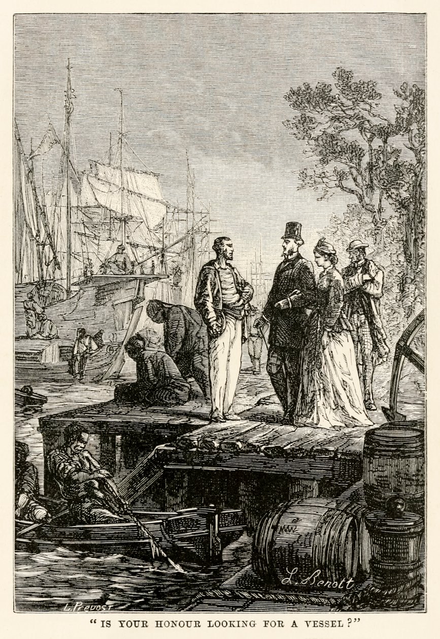 您的荣誉是否正在寻找一艘船？来自Jules Verne（1828-1905）的八十天环游世界，由Louis Prevost雕刻，1873年 作者 贝尼特之后的希波吕特·莱昂