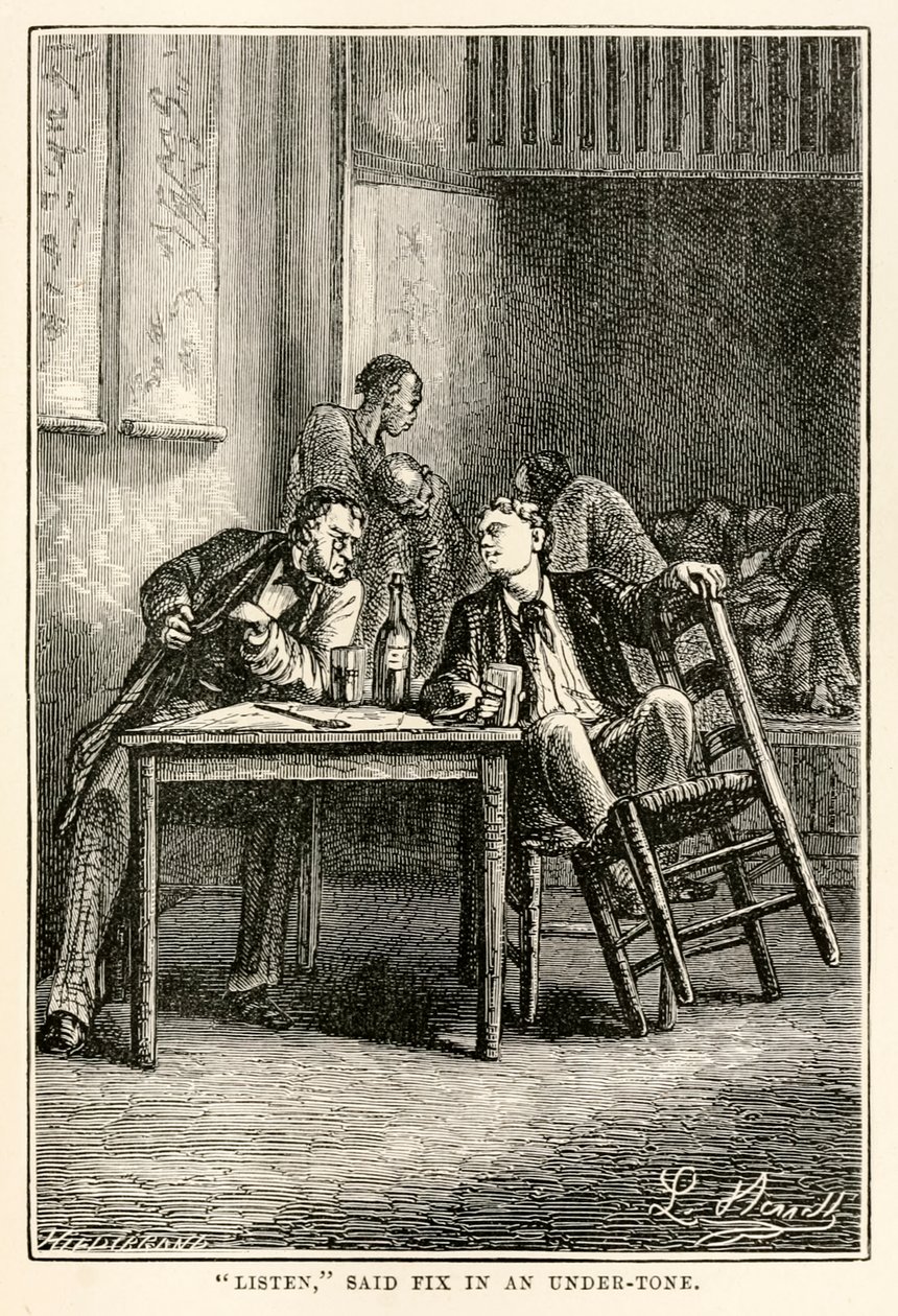 聆听说，由朱尔·凡尔纳（1828-1905）在八十天环游世界，由Henri-ThéophileHildebrand（1824-97）刻，1873年 作者 贝尼特之后的希波吕特·莱昂