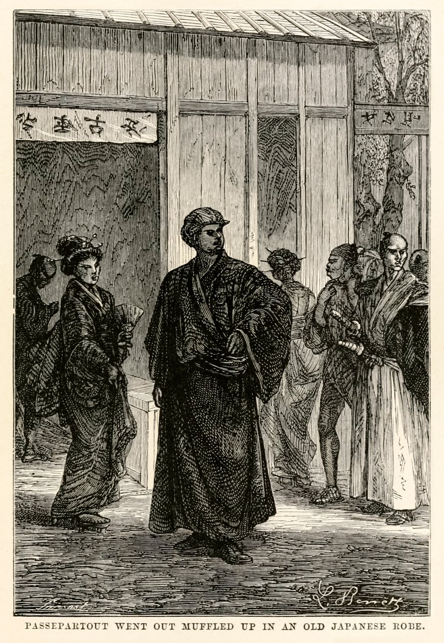 Passepartout穿着一件古老的日本长袍，在Jules Verne（1828-1905）的八十天环游世界中黯然失色，1873年由Louis Prevost镌刻 作者 贝尼特之后的希波吕特·莱昂