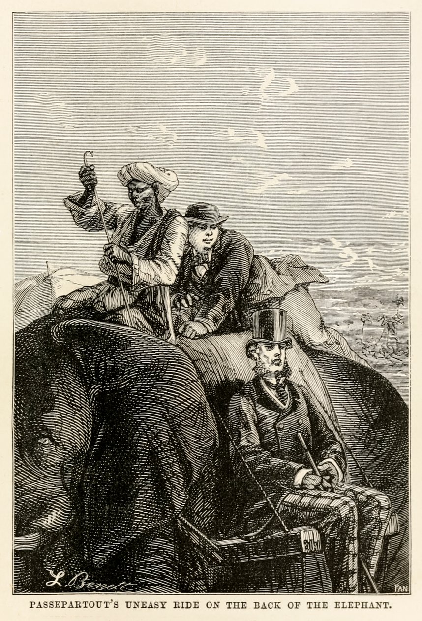 Passepartouts在大象的背上感到不安，来自Jules Verne（1828-1905）的八十天环游世界，由AdolpheFrançoisPannemaker（1822-1900）1873年吸收 作者 贝尼特之后的希波吕特·莱昂